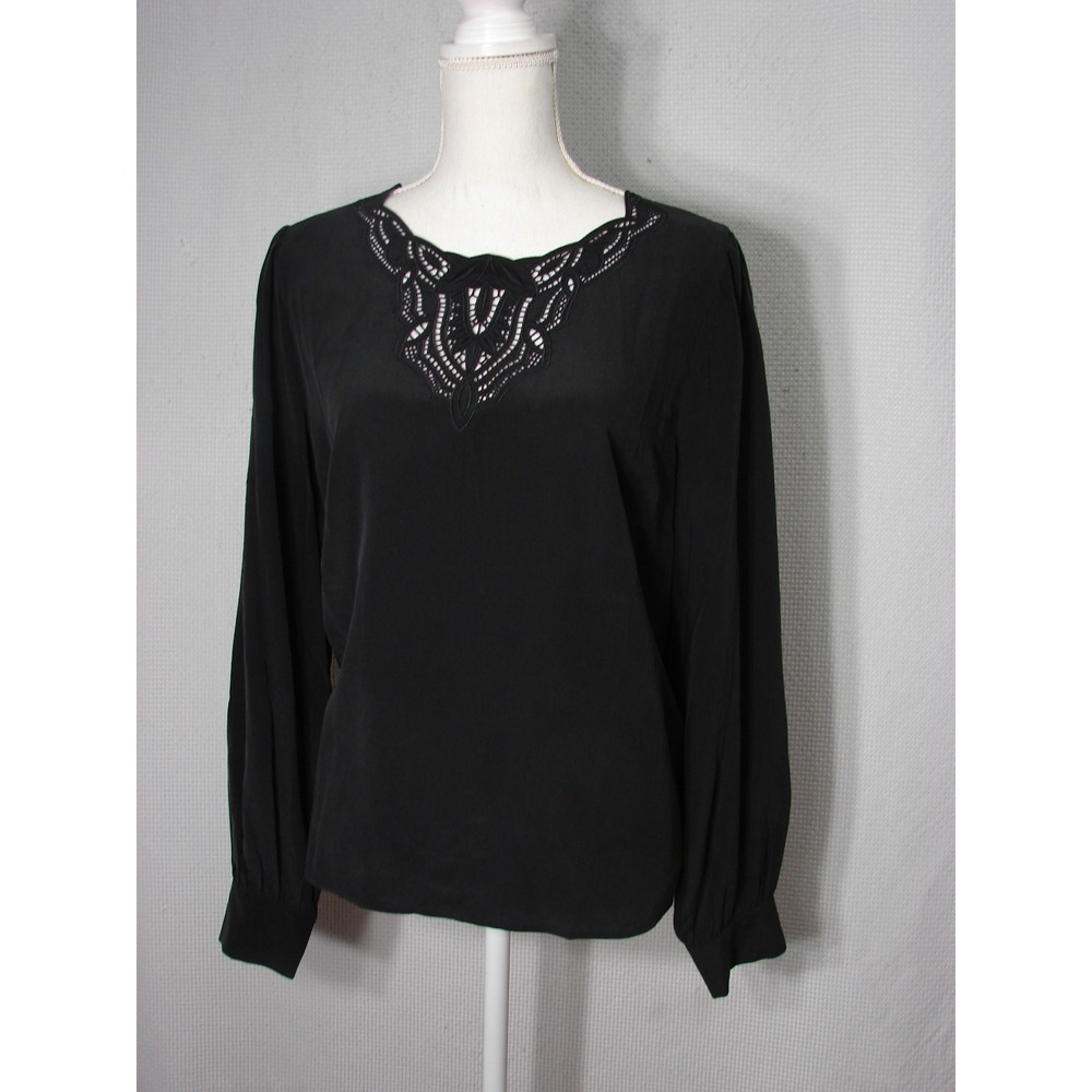 New Sézane Carlotta Noir Blouse 100% Silk Size 42 US 10 Black Long Sleeve Top